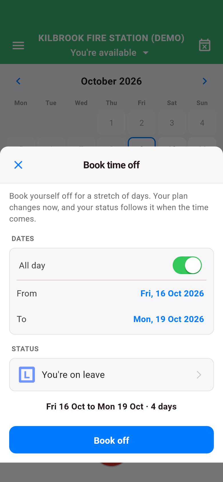 Book time off: from Friday 16 to Monday 19 October, booked as leave.