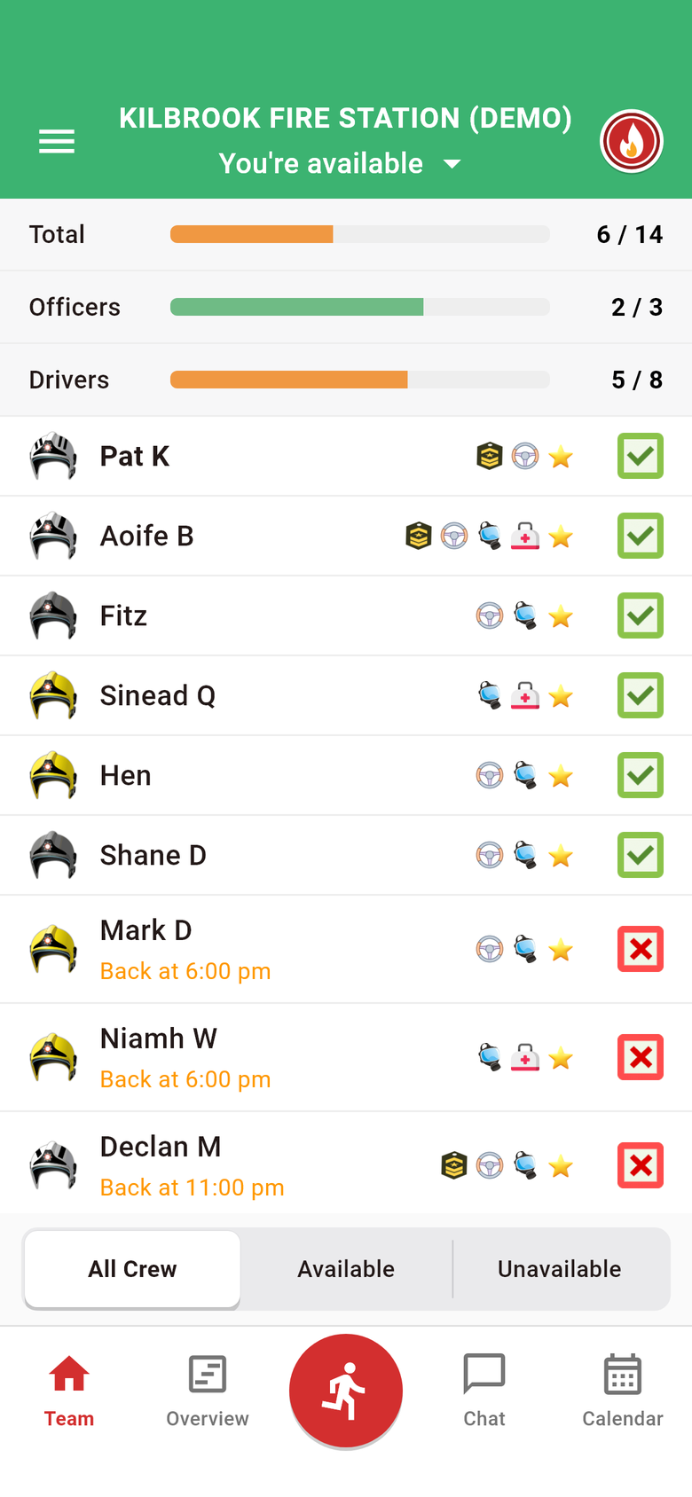 The Team screen with the station logo in the top corner.