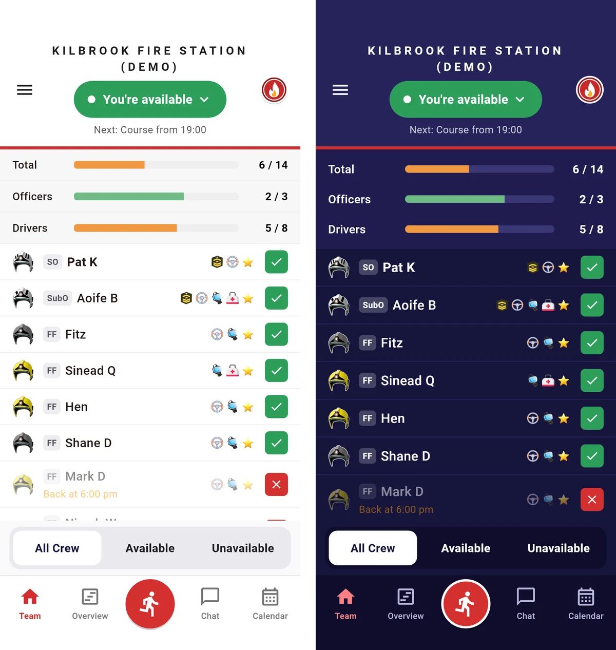 The Team screen in light and dark, with ranks before names and the next planned change in the header.