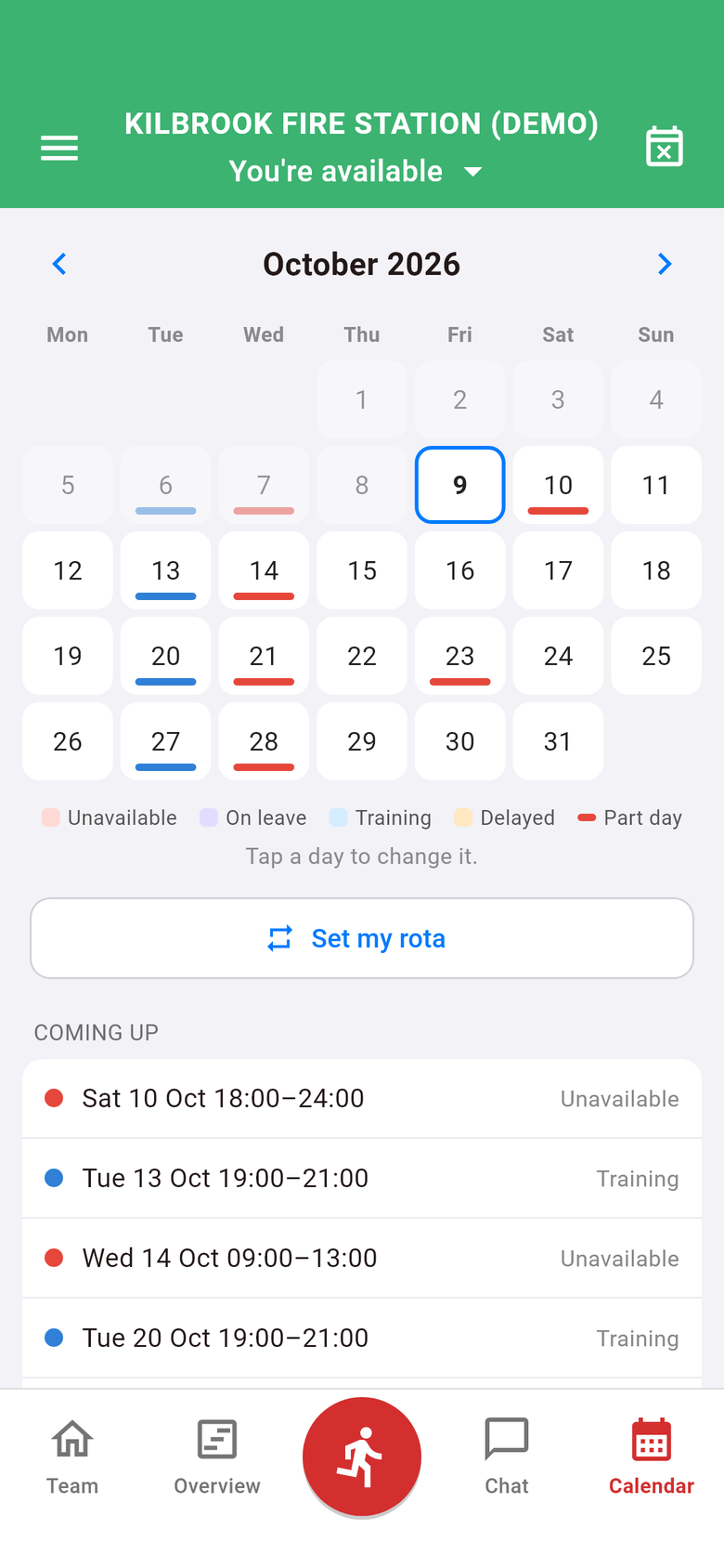 The Calendar tab: a month with training and unavailable days marked, and what is coming up.