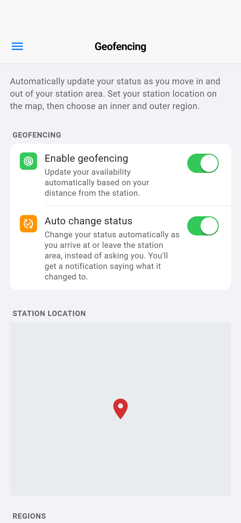 Geofencing settings with Auto change status switched on.