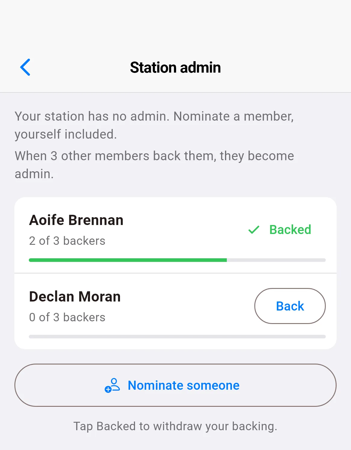 The Station admin screen in the app: Aoife Brennan has 2 of 3 backers and is marked Backed, Declan Moran has 0 of 3 with a Back button, and a Nominate someone button below