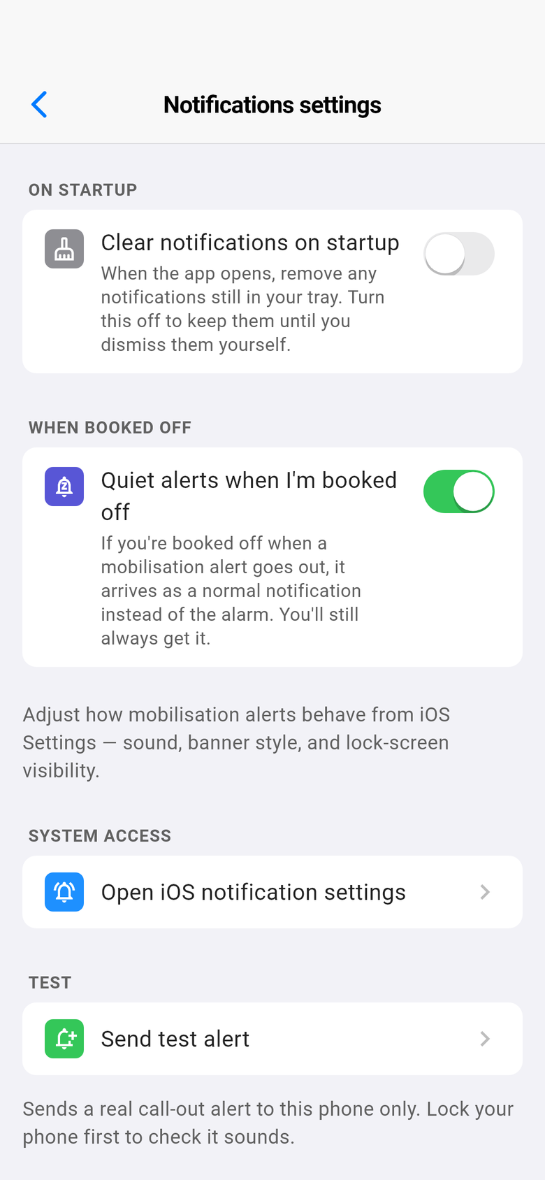Notifications settings with Quiet alerts when I'm booked off switched on.