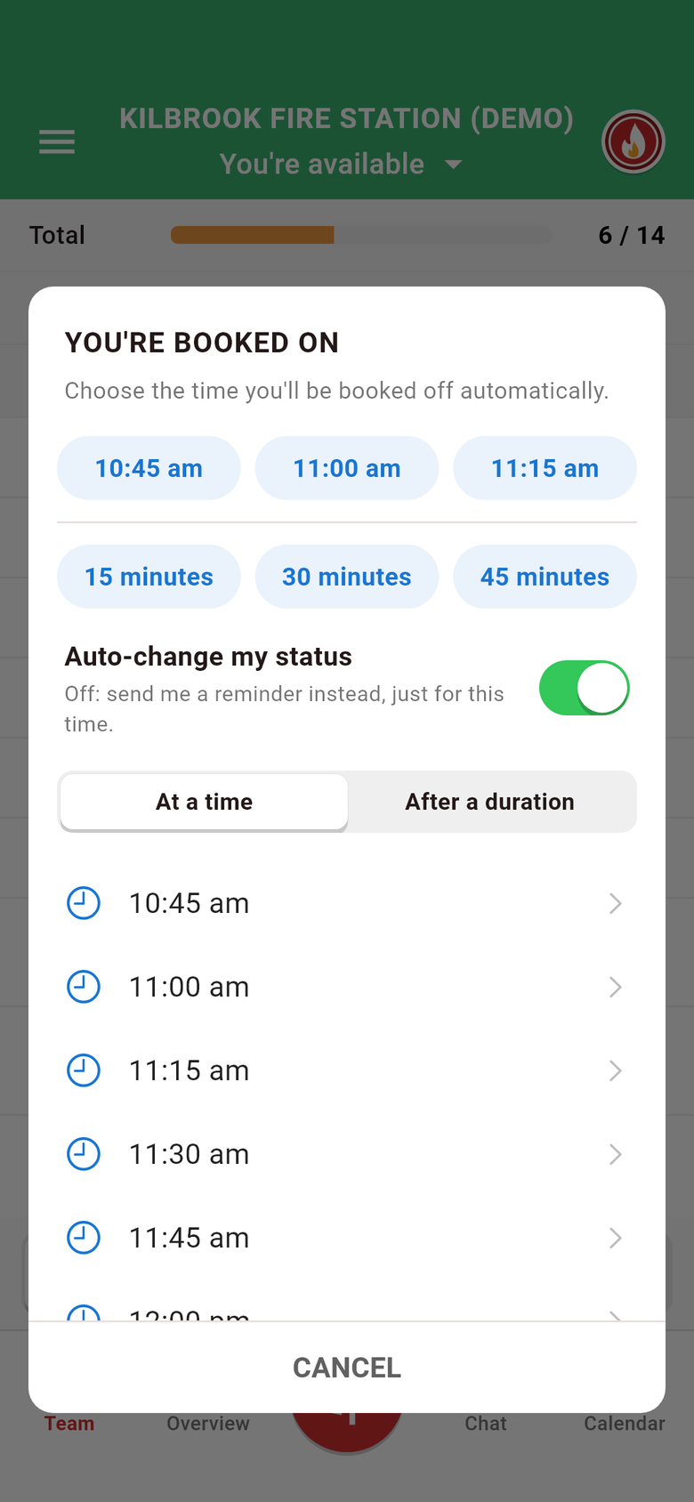 After booking on: quick choices for how long you are available.