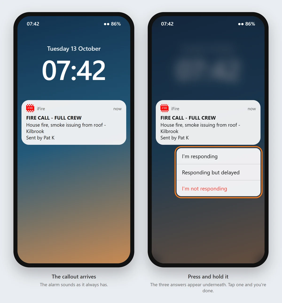 An iPhone lock screen: the callout notification, then the same notification held down with I'm responding, Responding but delayed and I'm not responding underneath.