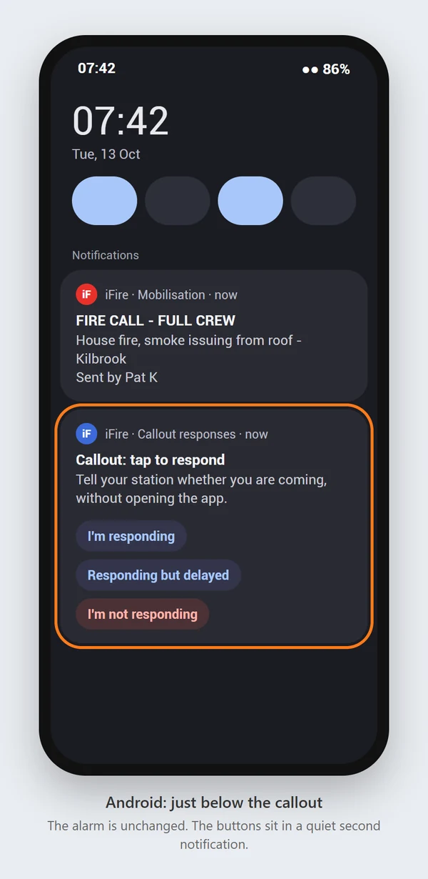 Android notifications: the callout, and below it Callout: tap to respond with the three answer buttons.