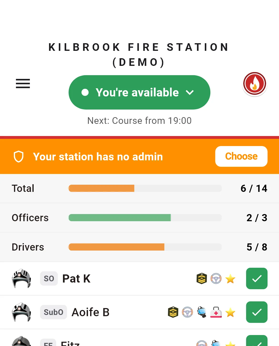 The iFire app's Team tab for Kilbrook Fire Station (Demo), with an amber strip under the status header reading Your station has no admin and a Choose button