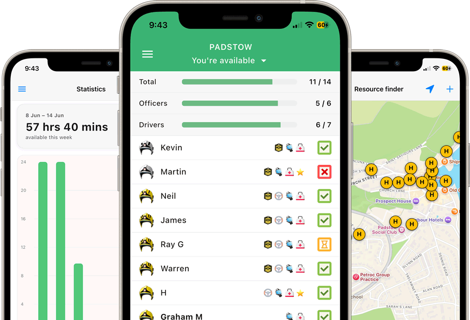 The iOnCall apps on three phones — live crew availability for a station, weekly availability statistics, and the resource finder map