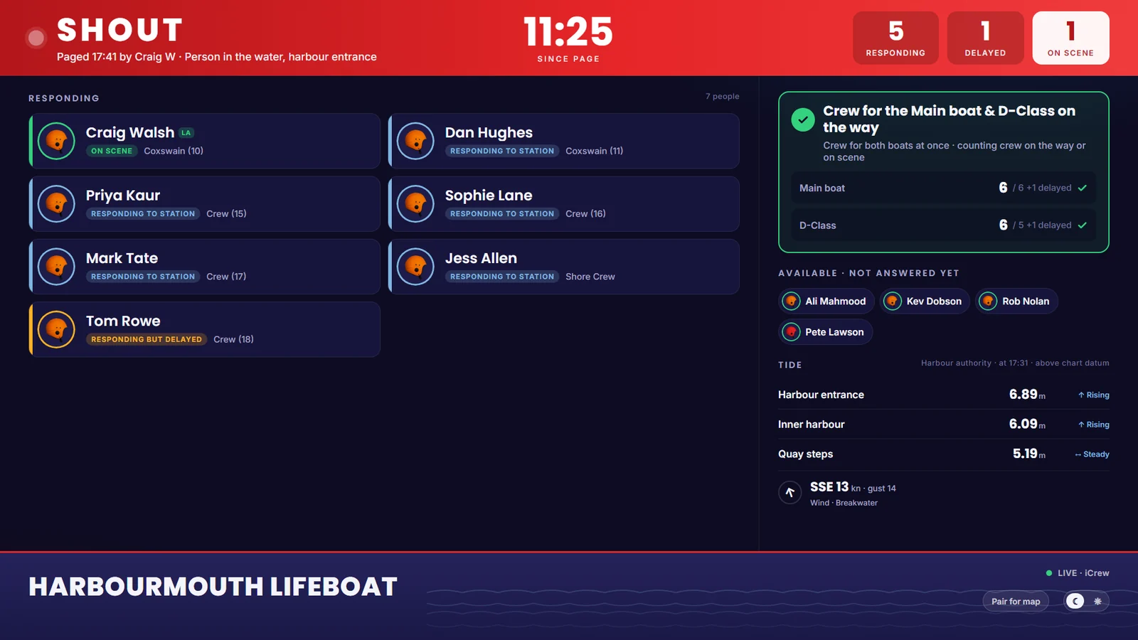 The Crew board's callout screen at a made-up lifeboat station, Harbourmouth: crew responding, delayed and on scene, a clock counting up from the page, and a green panel saying the crew for both boats is on the way.