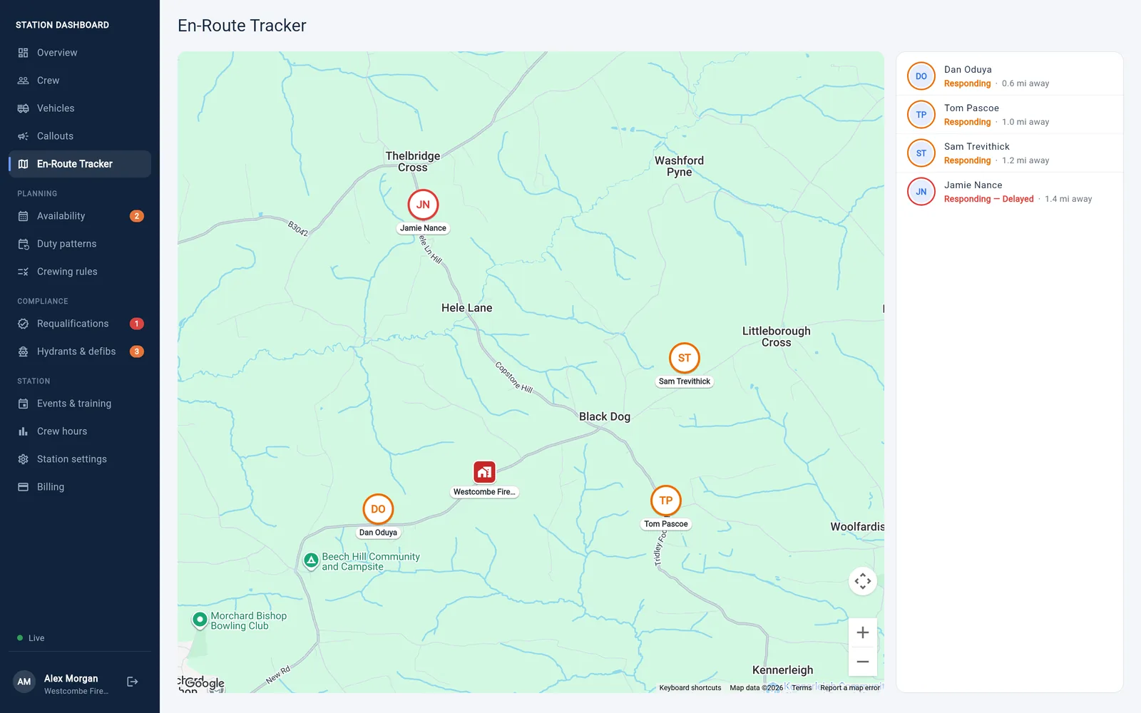 The en-route tracker: crew responding to a callout shown on a live map on their way to the station