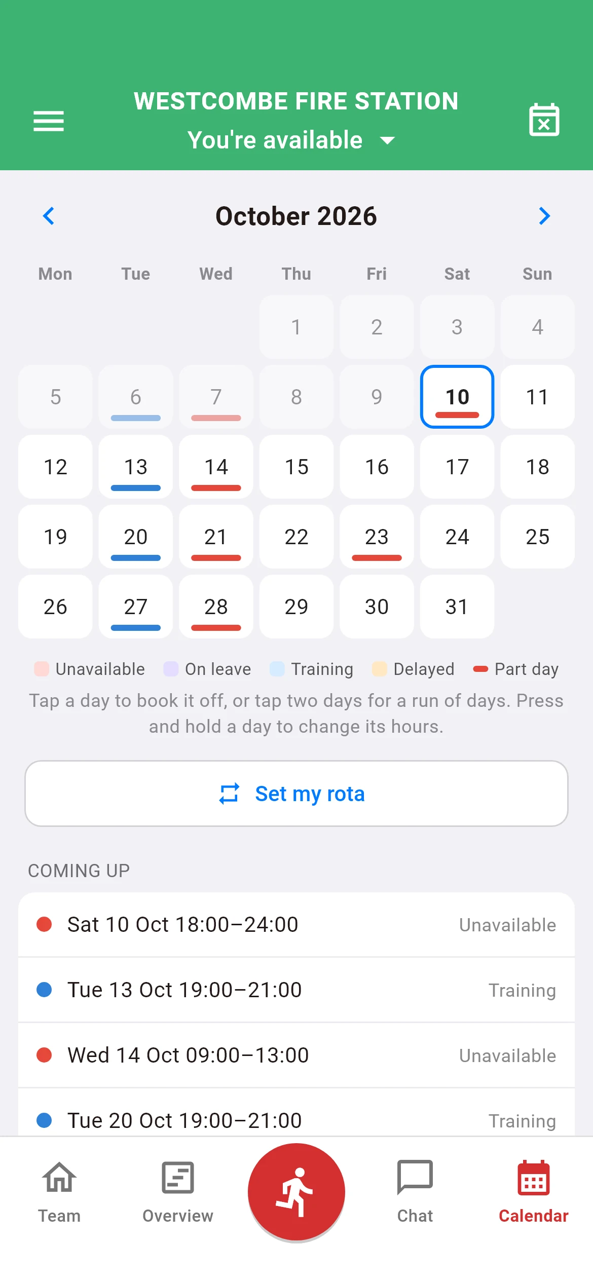 The new Calendar tab in the iFire app: a crew member's month, with part-day unavailability and training nights marked, a Set my rota button and the times coming up
