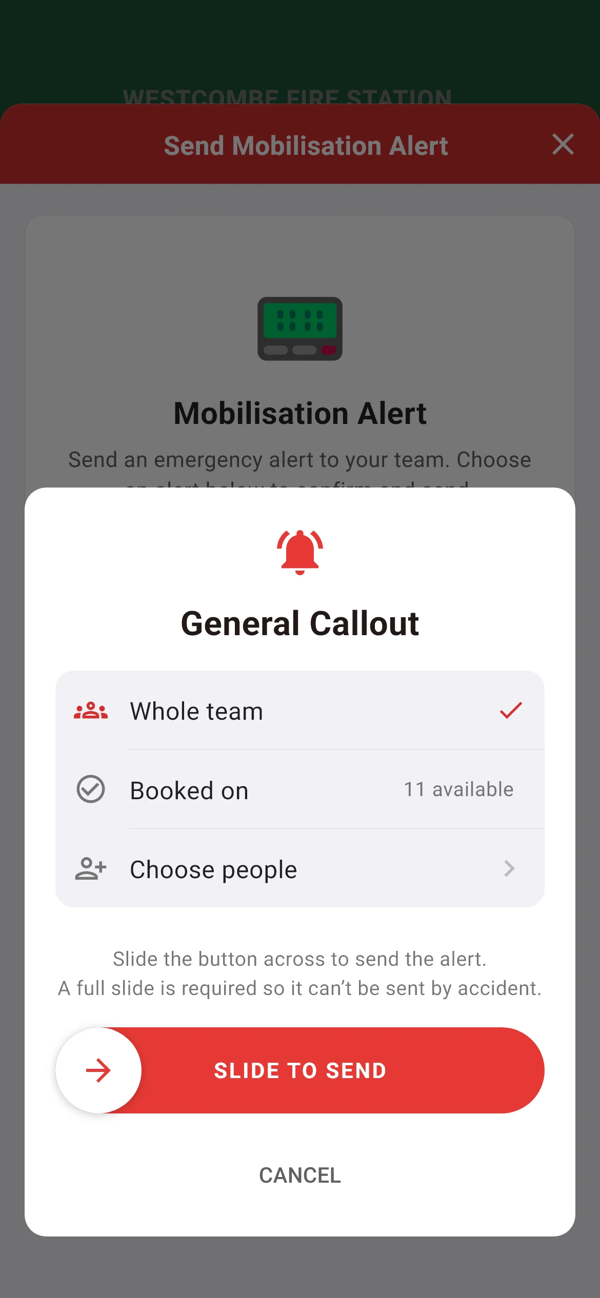 Sending a mobilisation alert from the iFire app: to the whole team, to crew who are booked on, or to chosen people, with a full slide to send