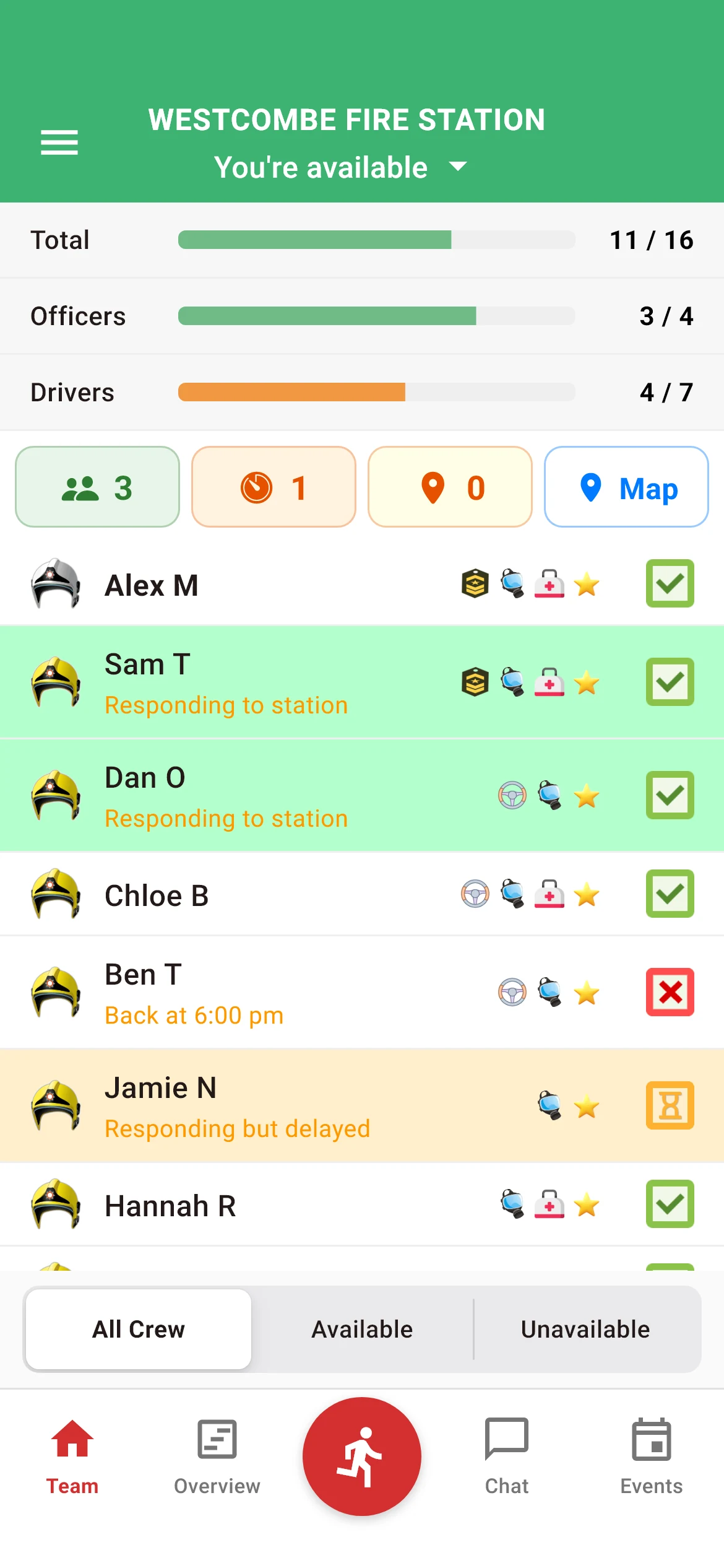 The iFire app on a phone: the station's crew levels, who is responding and each member's status